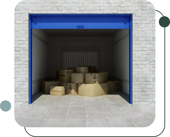 Open garage with a blue door frame, revealing numerous cardboard boxes stacked inside on a concrete floor.